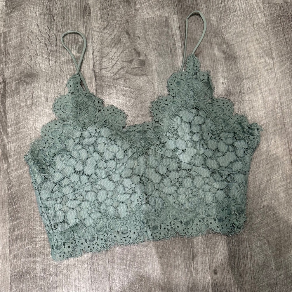 H&M Sage Green Floral Lace Bralette Crop Top Size‎ 6 Scalloped Hem Side Zip